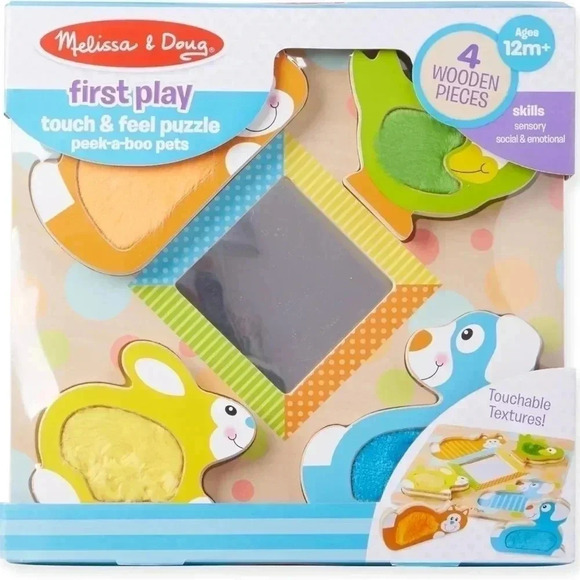 Melissa & Doug First Play Touch & Feel Puzzle Peek-a-Boo Pets 4 Wooden Pieces - Picture 2 of 9